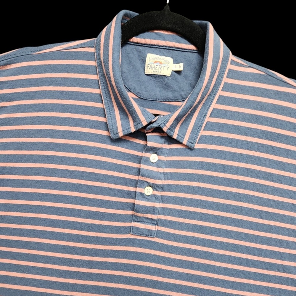 Faherty Retreat Stripe‎ Polo Shirt Mens XL Slim Fit Navy Rose Short Sleeve Golf